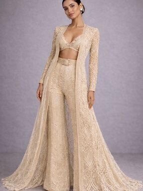 Embroidered Cream Lehenga Set with Long Jacket
